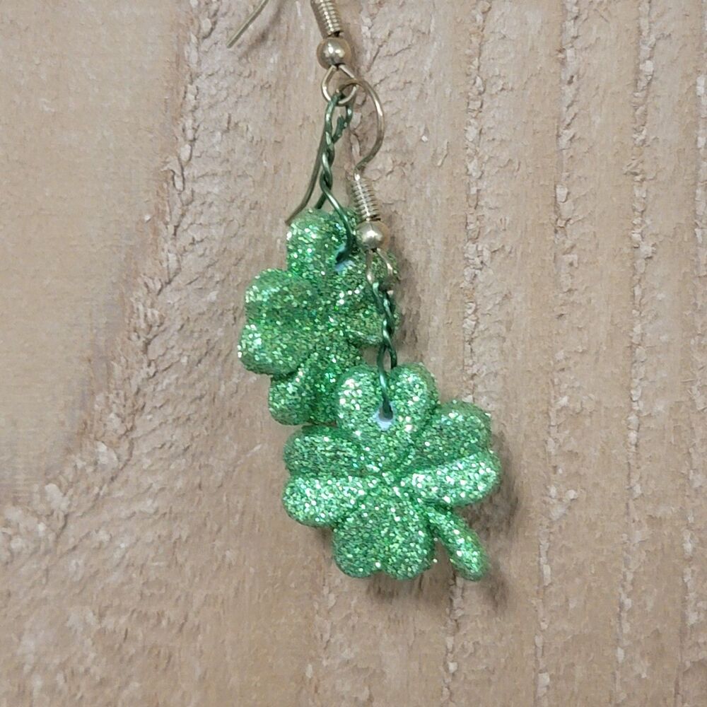 Handcrafted Shamrock Earrings St Patrick's Day Irish Light Green Sparkle Glitter